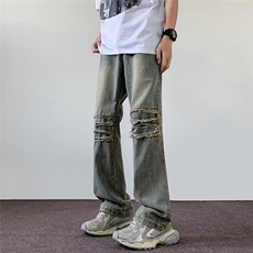 美式高街破洞渐变牛仔裤男潮牌痞帅宽松直筒裤子9077-P45，男装牛仔裤，星座1001-1
