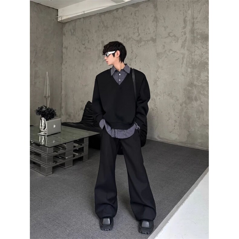 美式潮牌小众时髦高街假两件翻领卫衣衬衫拼接层次感上衣,男装针织衫/毛衣,四季星座505