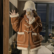 新款麂皮绒连帽羊角扣皮毛一体羊羔毛棉服女C571-125，男装棉衣，星座911-2(原星座613-2）