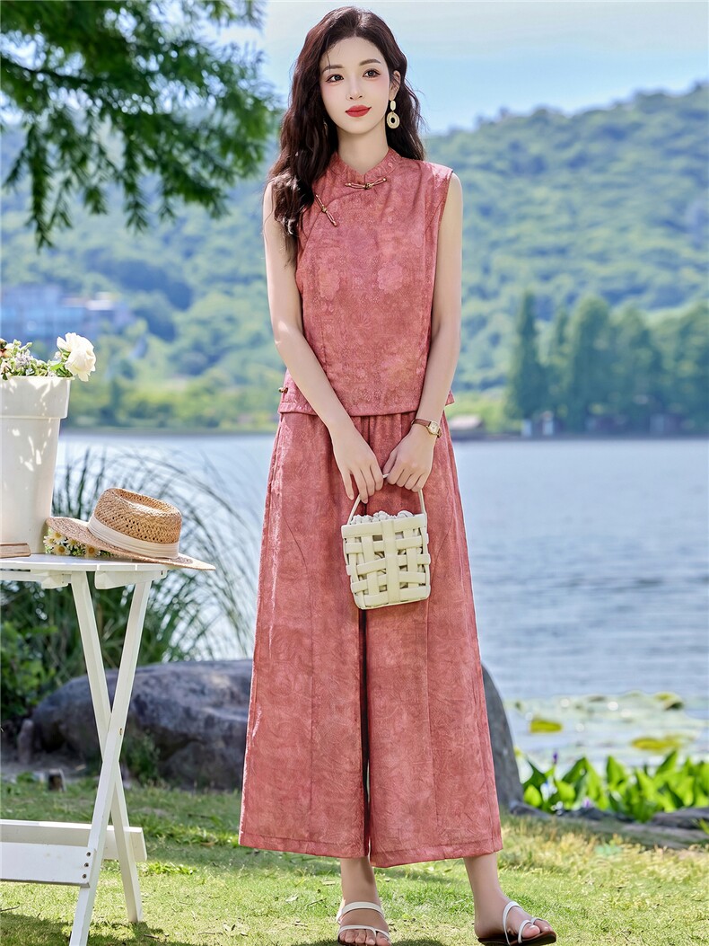 现货2026夏季新中式老钱风提花新款套装两件套,女装套装/套裙,伊仟回