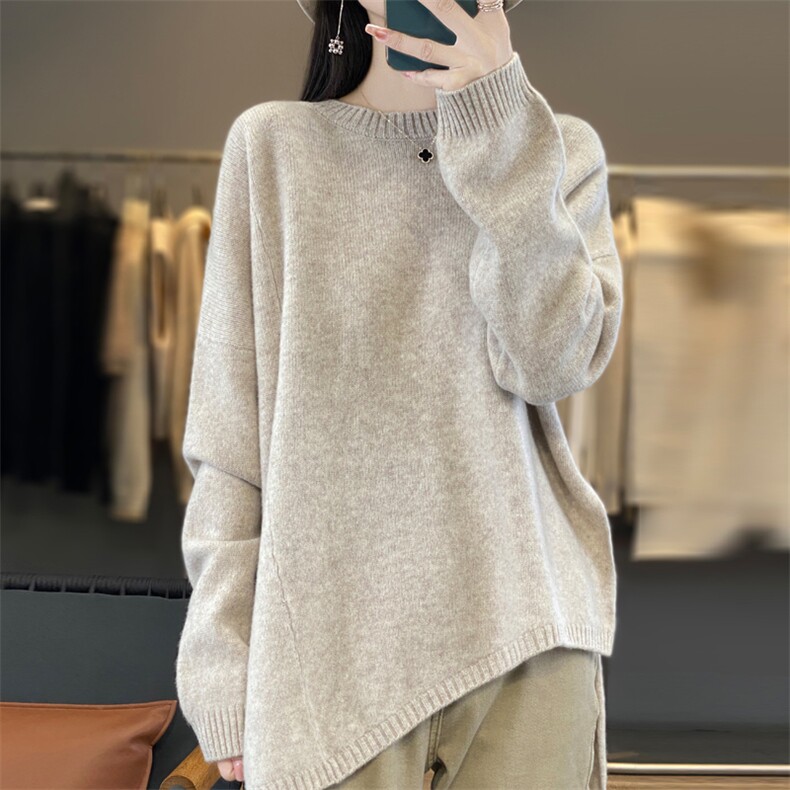 100%纯羊毛衫女圆领不规则长袖针织毛衣宽松慵懒风开叉羊绒衫打底,女装羊毛衫,忠诺羊绒