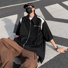 美式复古设计高级感短袖衬衫潮牌小众撞色拉链宽松外搭外套衬衣，男装衬衫，星座601-2