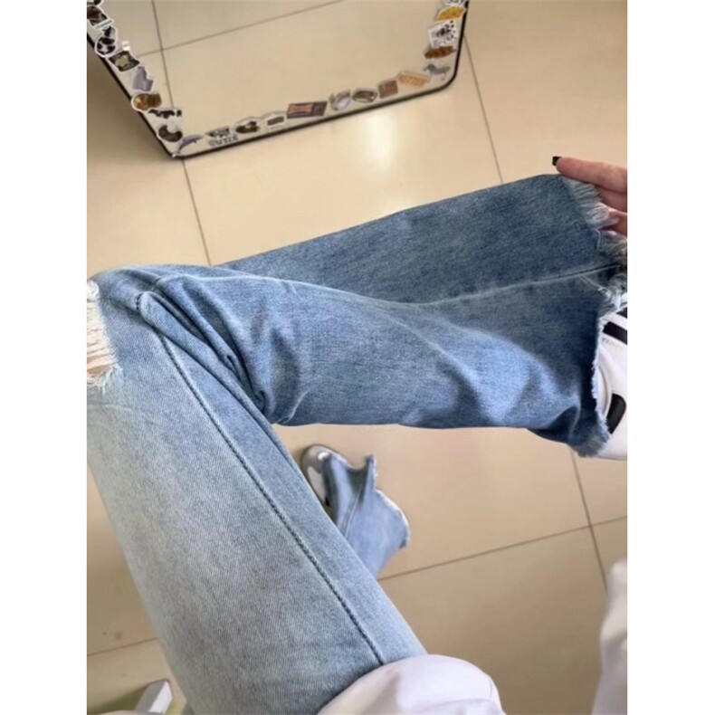 【网图有货】浅蓝色毛边破洞牛仔裤男女夏季微喇裤子C150WW-特P45,男装牛仔裤,星座1007（原301D）