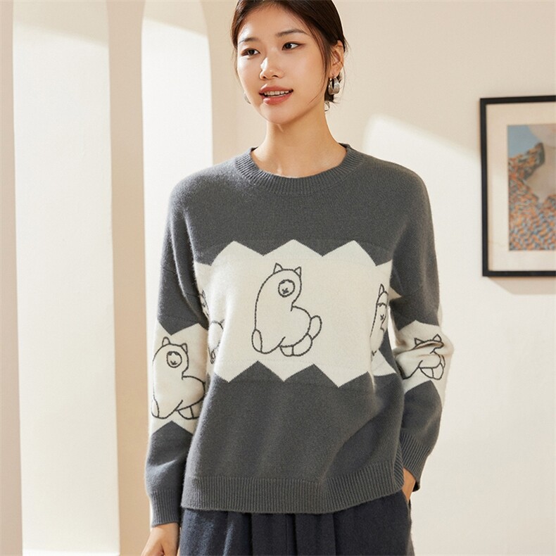 时尚减龄可爱卡通图案高领通勤舒适百搭羊绒衫,女装羊绒衫,澳冬特羊绒