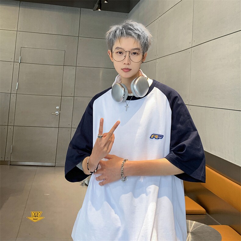 B225-T9281-P39-X49--全棉-拼色插肩袖T恤男ins简约百搭潮流半袖,男装T恤,电商B225