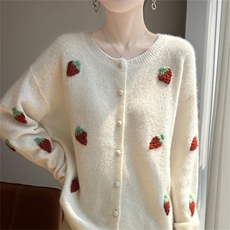 2025年秋季新款针织羊绒草莓提花开衫外套时尚休闲通勤百搭，女装羊绒衫，多娇羊绒