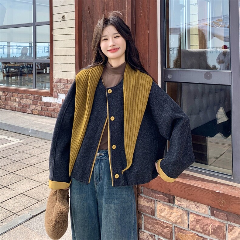 灰色针织披肩毛呢短外套女2025年冬季新款韩版小个子减龄呢子上衣图片