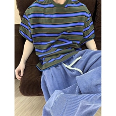 自制~现货~重磅紫色条纹短袖t恤休闲半袖上衣DX091P48，男装T恤，星座908