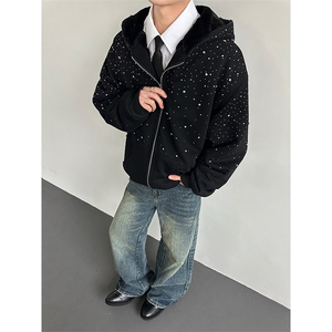 仿兔绒内里重工满天星烫钻卫衣开衫加绒棉衣连帽外套JK020P188图片