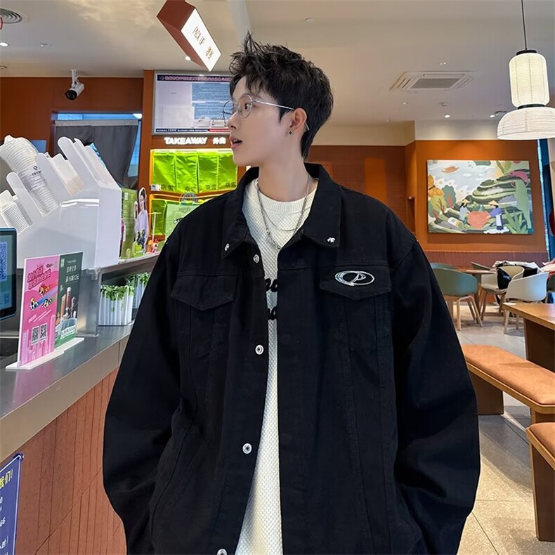 小众金属拼接垫肩短款牛仔外套男春秋美式高级感痞帅夹克2199,男装夹克,星座506