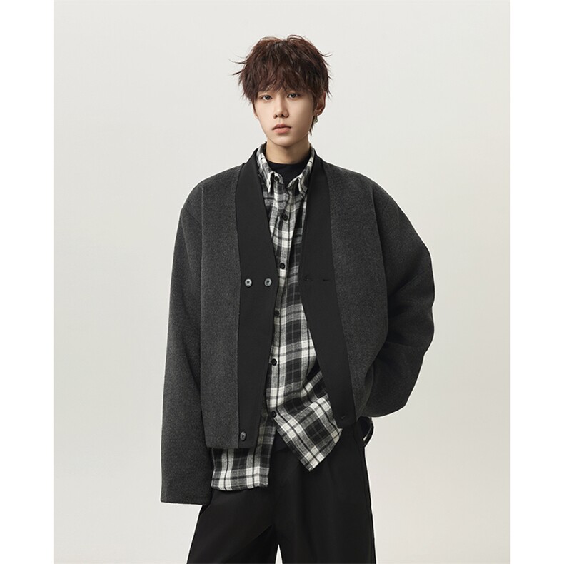 绵羊毛假两件双面呢外套男短款秋冬宽松毛呢大衣外套-1009-P105，男装毛呢大衣，电商B289