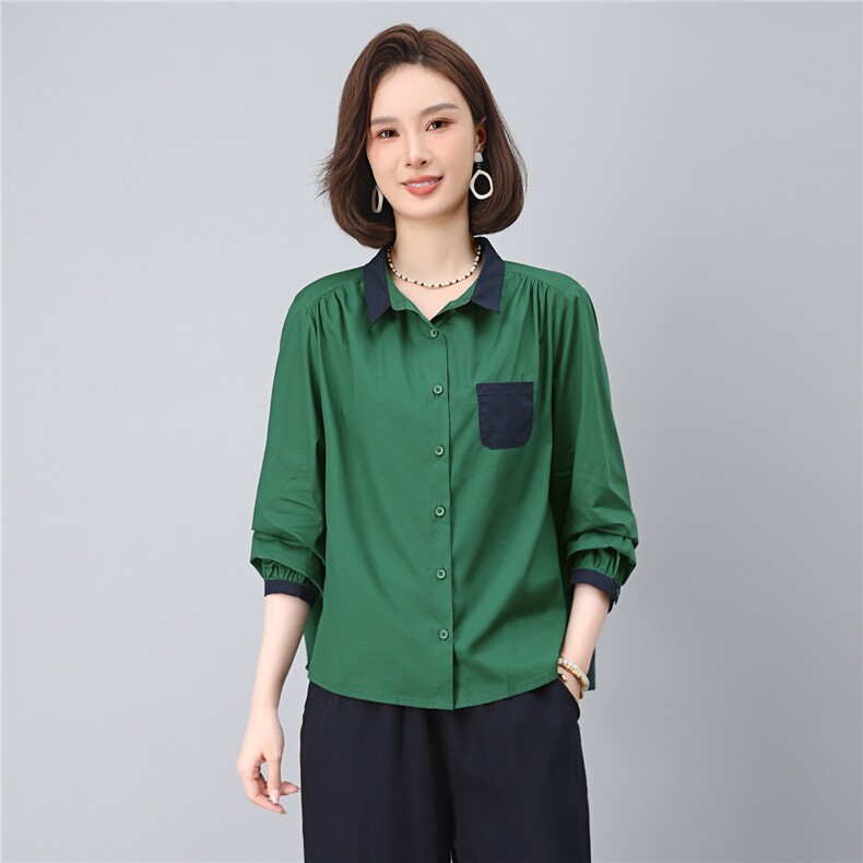 2025年秋季时尚撞色翻领纯棉100%休闲文艺衬衣,女装衬衫,依恋蒂丝