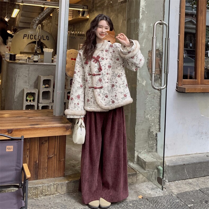 新中式风印花羽绒服两件套女加厚阔腿裤,女装羽绒服,2C120