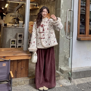 新中式风印花羽绒服两件套女加厚阔腿裤图片