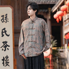 春夏新中式缎面海水江崖提花铜扣盘扣立领长袖男女衬衫30529P75，男装衬衫，星座305A（原312A-1）