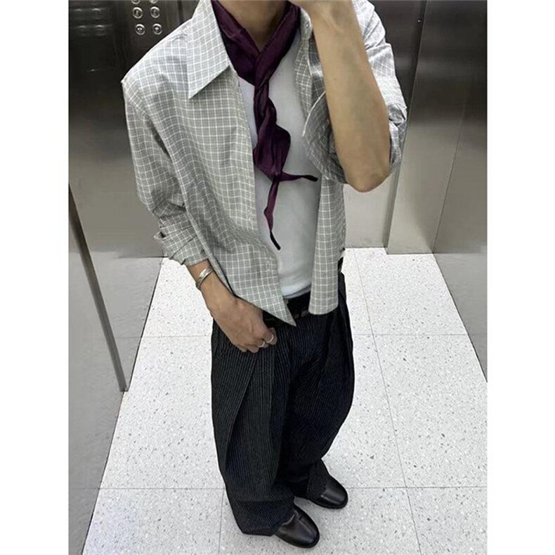 美式潮牌高街复古细格子日系肌理感长袖衬衫外套男女休闲宽松衬衣,男装衬衫,电商A443