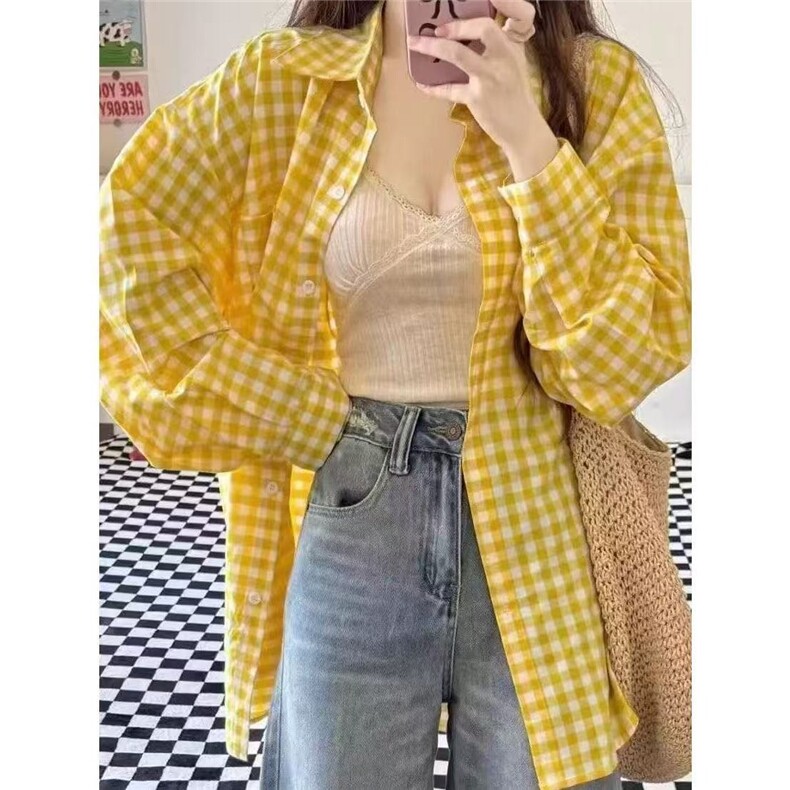 韩系年轻显白polo领格子衬衫女叠穿宽松遮肉显瘦长袖衬衣外套上衣,男装衬衫,星座506A