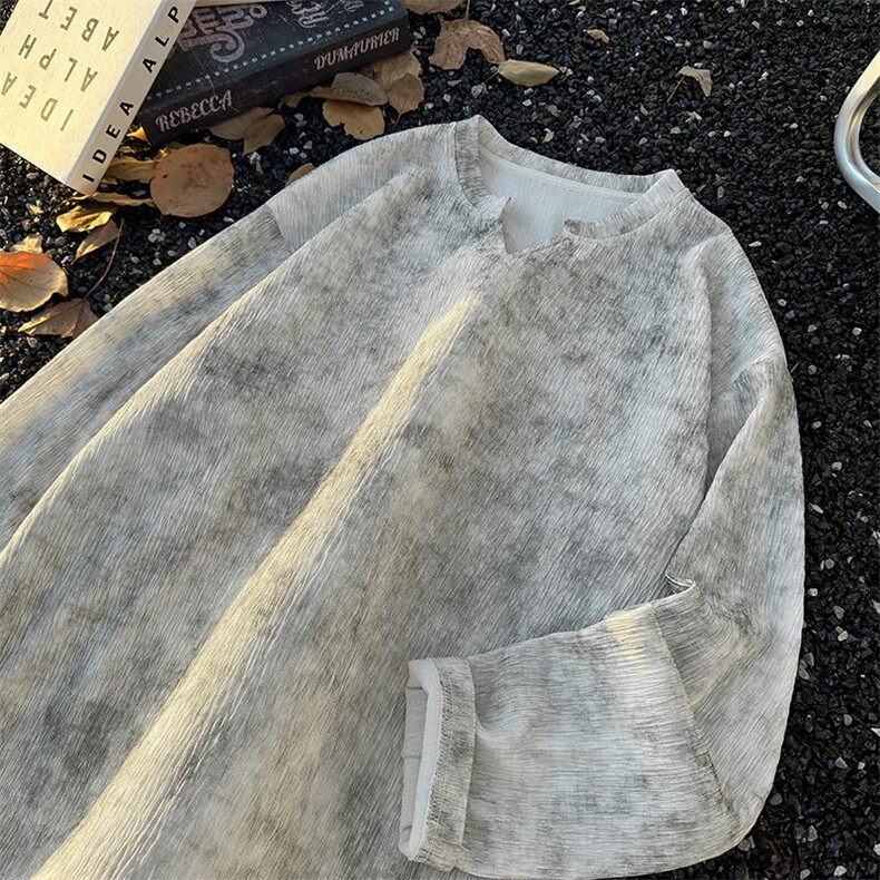 秋季V领扎染肌理感宽松打底衫休闲百搭长袖T恤男T53981-特P25控48，男装T恤，电商A001