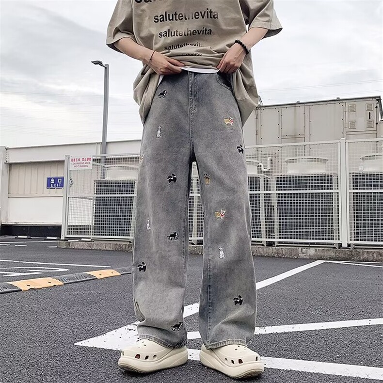 838-P41美式复古趣味小狗刺绣牛仔裤夏季新款,男装牛仔裤,电商B323A