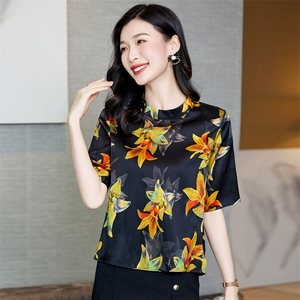 品牌真丝桑蚕丝上衣女轻奢高级感2025新款提花立领专柜妈妈装图片