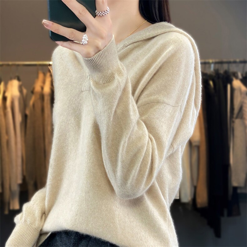 高级感软糯连帽毛衣女短款爆款卫衣上衣宽松外套打底衫针织帽衫,女装羊毛衫,琳华羊绒