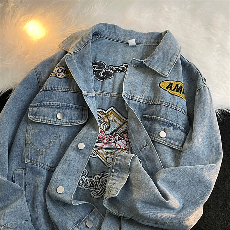 牛仔外套男韩版潮流字母刺绣高街帅2023春秋新款ins外套W4559-P76，男装大码男装，星座412