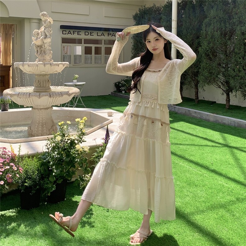 法式高级感短款小开衫女夏季2025新款设计感高腰吊带裙,女装连衣裙,维壹