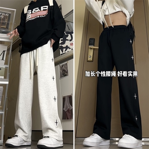 星星白花灰卫裤男春秋季oversize直筒宽松潮流运动百搭休闲长裤子图片