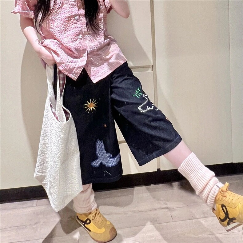 美式刺绣小鸟七分牛仔裤女夏季新款宽松阔腿百搭牛仔短裤图片