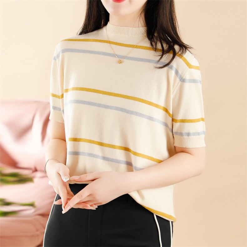 时尚女士秋冬纯棉彩条圆领短袖打底衫，女装针织衫/毛衣，洁纯羊绒