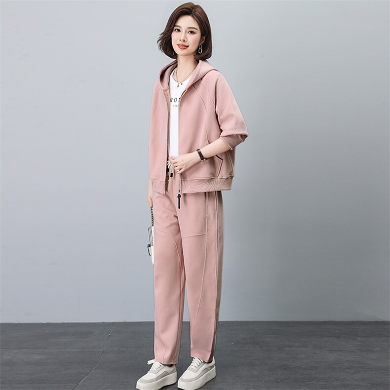 洋气套装女中年妈妈装连帽卫衣外套2026春秋新款大码运动服一整套，女装套装/套裙，独衣靓