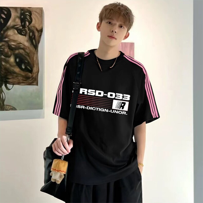 抖音得物品质二开240克宽松纯棉美式潮牌印花三条杠中性风短袖T恤,男装T恤,电商A486-1