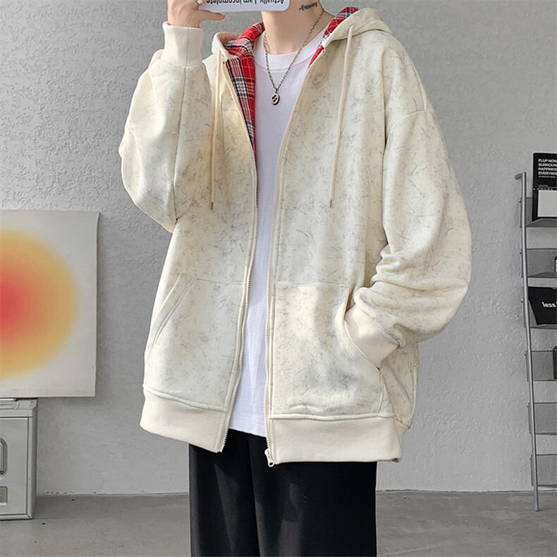 扎染撞色格子男女百搭连帽大码卫衣外套WY10090-特P55加绒特P65,女装短外套,电商A059
