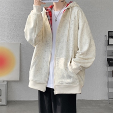 扎染撞色格子男女百搭连帽大码卫衣外套WY10090-特P55加绒特P65，女装短外套，电商A059