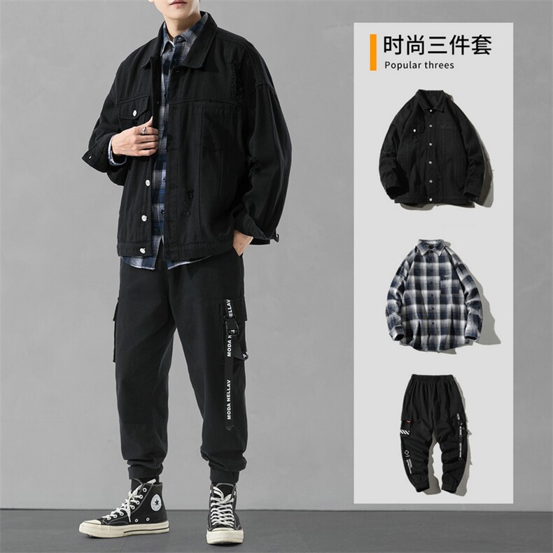 男士休闲套装夹克搭配2021新款秋季牛仔潮牌组合三件套DF150T,男装夹克,电商A102