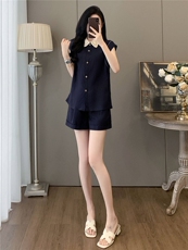韩系设计感休闲时尚套装女夏遮肉显瘦针织翻领无袖上衣短裤两件套，女装套装/套裙，江南