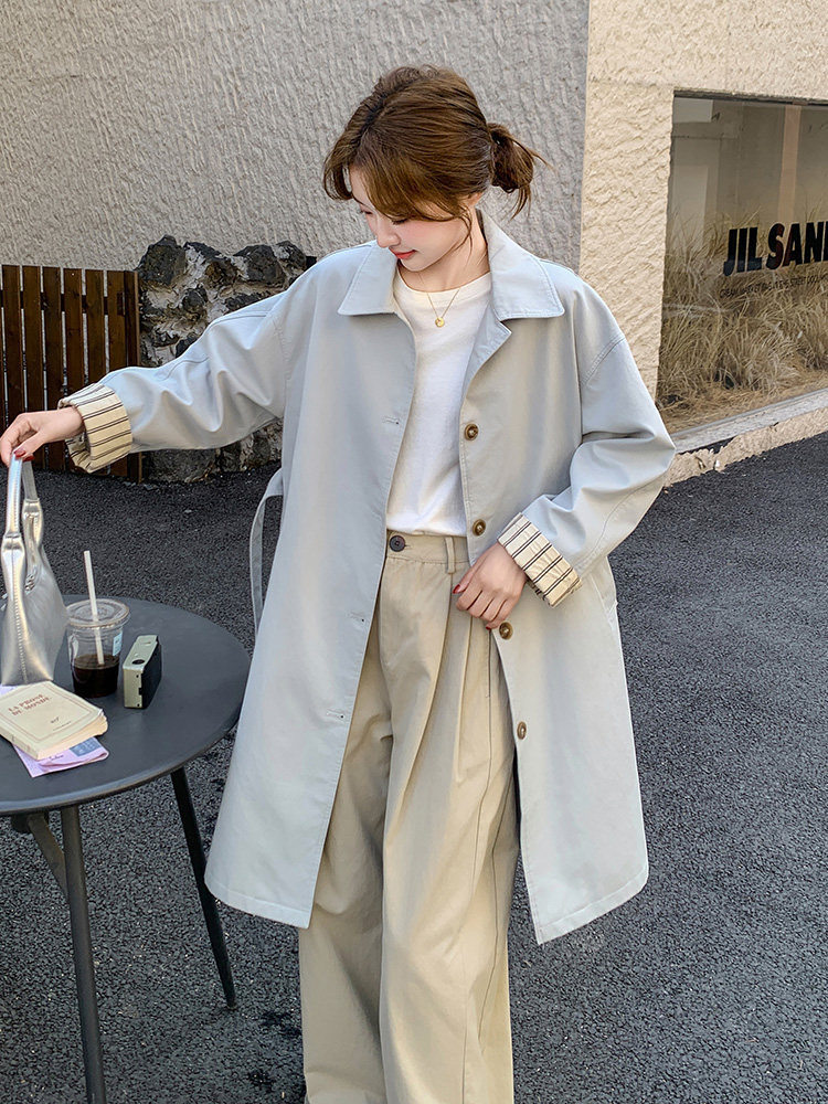 蓝色简约风衣外套女2025春季新款韩系英伦风中长款休闲大衣小个子,女装风衣,浙宝192（原082）