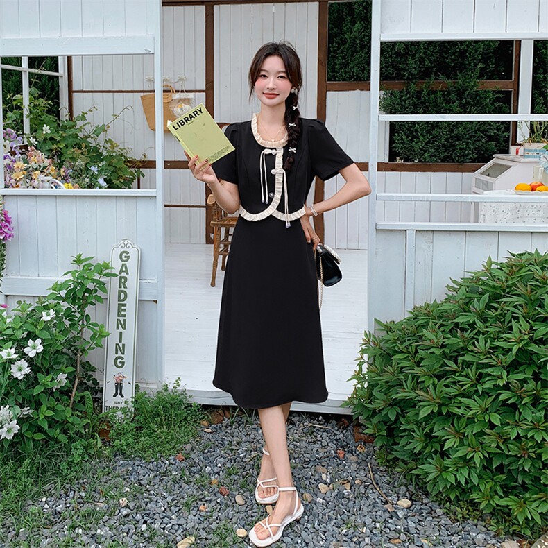 【现货】夏装新款时尚气质优雅显瘦珍珠木耳边拼色连衣裙,女装连衣裙,先锋丽姿