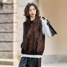 时髦个性立领皮衣马甲短外套女2025秋季新款宽松显瘦外穿拉链马夹，女装马甲，臻衣坊