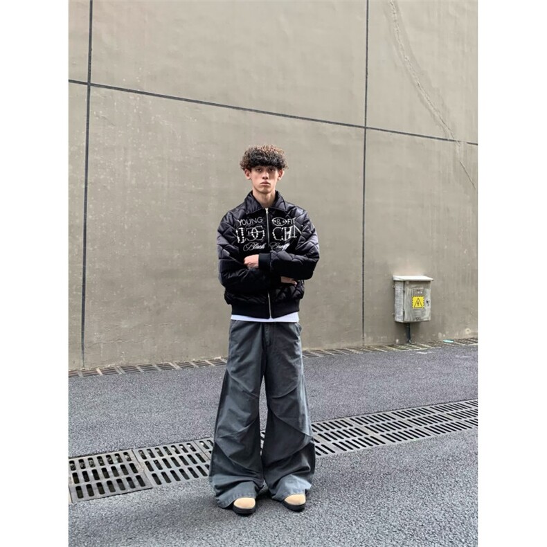 嘻哈风刺绣珍珠黑色菱格棉服夹克男美式复古街头休闲加厚保暖外套,男装夹克,四季星座505