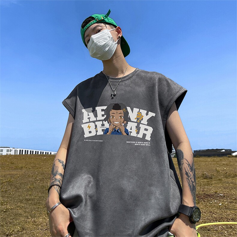 直播品质德进口直喷印花美式麂皮绒宽松背心无袖t恤JP126-25,男装T恤,电商A486