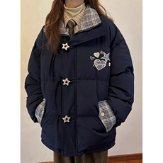 学院风时尚减龄星星盘扣拼接设计格纹棉服女冬季甜美加厚保暖棉衣，男装棉衣，星座218-8