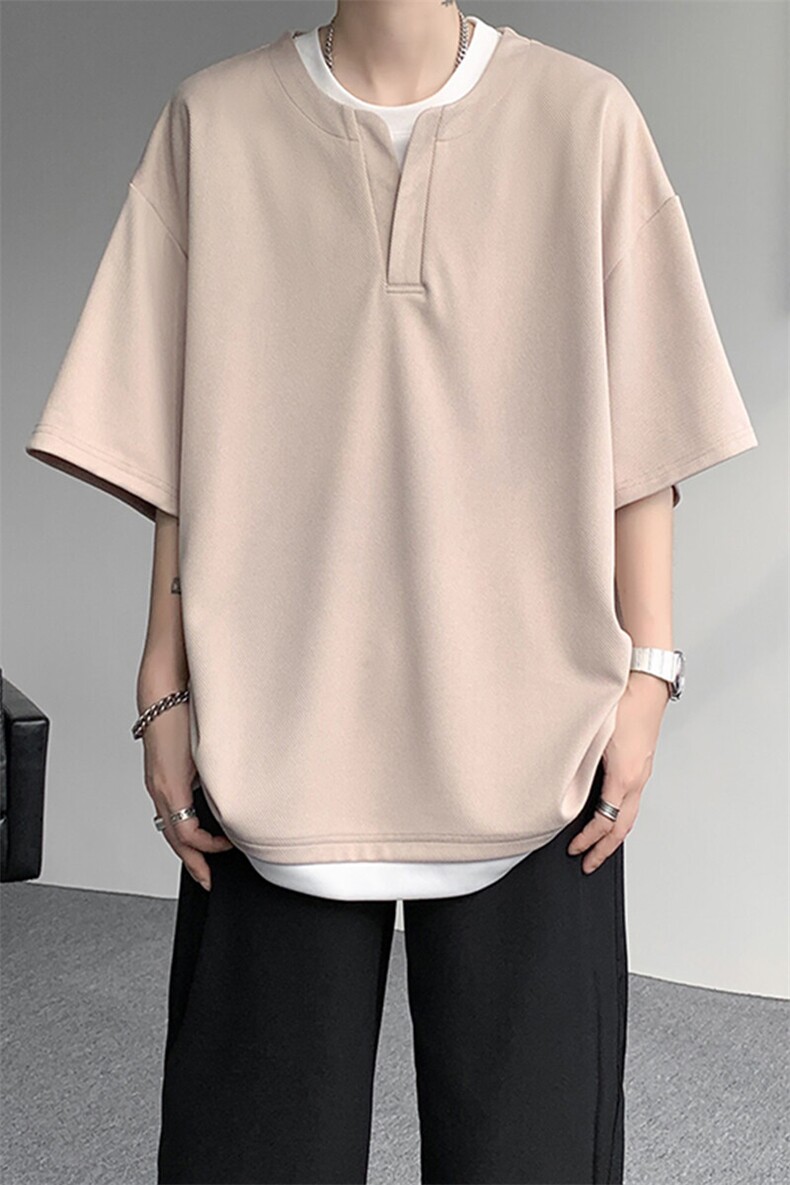 8XL-M重磅斜纹假两件短袖t恤男夏季薄款宽松大码半袖体恤DT006P45,男装T恤,电商B312