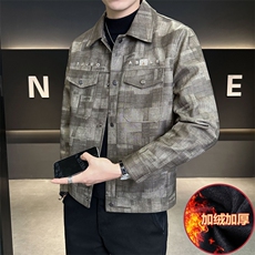 冬季加绒皮衣男水洗皮高级感格子面料皮夹克外套B317-8612-P145，男装夹克，电商B317