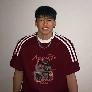 夏季美式高街重磅纯棉三条杠织带撞色男女短袖T恤ZD350-特P30
