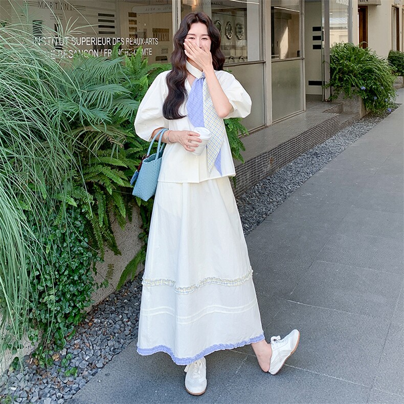 高级感V领上衣半身裙两件套女夏季新款气质显瘦温柔风套装连衣裙,女装套装/套裙,浙宝305
