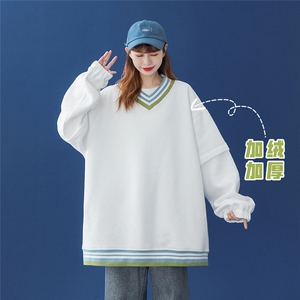 中性 秋季潮流纯色拼接条纹宽松V领卫衣 B250JR  P55控78加绒P65图片