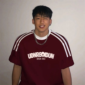 夏季美式高街重磅纯棉三条杠织带撞色男女短袖T恤ZD361-特P30