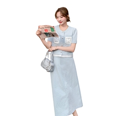 2025年夏季新款时尚圆领气质显瘦短袖外套套装半身裙两件套女，女装套装/套裙，1D102-1
