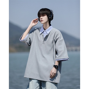 8XL-M假两件衬衫领短袖T恤大码夏季条纹拼接polo衫半袖DX1211/P45图片
